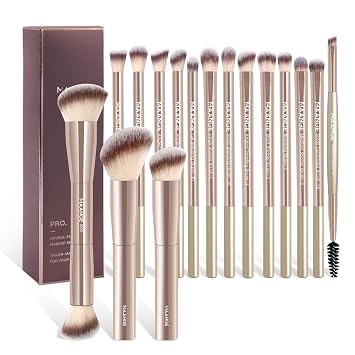 MAANGE Juego de 16 brochas de maquillaje sintéticas de alta calidad, brochas de base para corrector de polvo líquido, mezcla de sombras de ojos de precisión (dorado)