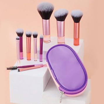 10Pcs Min Multicolored Travel Makeup Brush Set Portable Cosmetic Kit Professional Soft Synthetic Bristles Brush for Foundation Powder Blush Eyeshadow and Contour