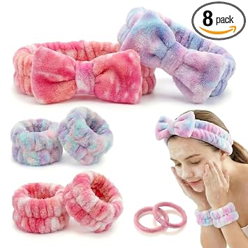 Juego de 8 diademas de spa y pulseras para lavar la cara, diademas suaves para mujeres con bandas elásticas para mujeres, toallas de muñeca absorbentes, diadema de maquillaje para el cuidado de la