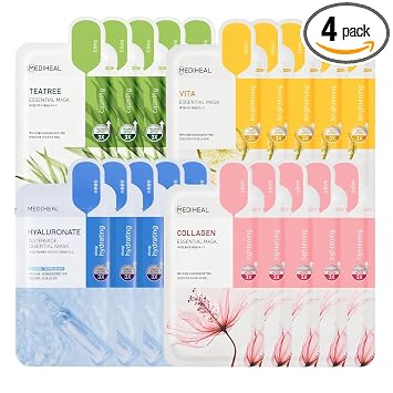 Mediheal Máscara de hoja Essential HERO, paquete de 20 (colágeno, árbol de té, vita, hialuronato) | Mascarilla facial coreana para el cuidado de la piel, combo hidratante, calmante y para