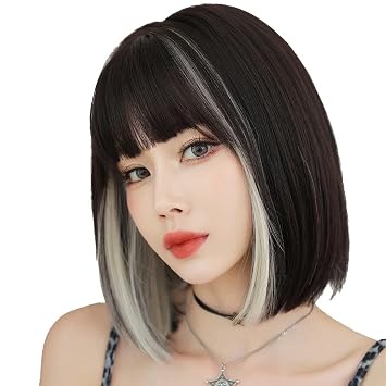 AIKO PRO Peluca corta recta coreana de 13 pulgadas para mujer, peluca corta de Lolita sintética natural hasta los hombros con flequillo para cosplay y uso diario, D123 en blanco y negro