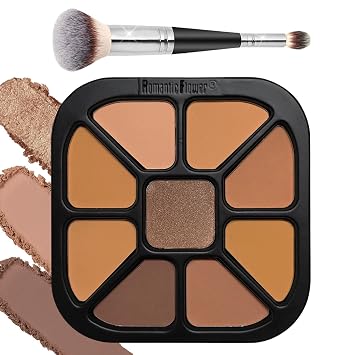 Joyeee Paleta de maquillaje de contorno de 9 colores, iluminador corrector bronceador en polvo con cepillo de maquillaje, base de cobertura completa mezclable de larga duración