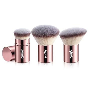 Juego de 3 brochas de base Kabuki, brochas de maquillaje de tamaño viaje con cepillo de contorno, corrector portátil y brocha de base para líquido/crema/polvo, veganos y libres de crueldad