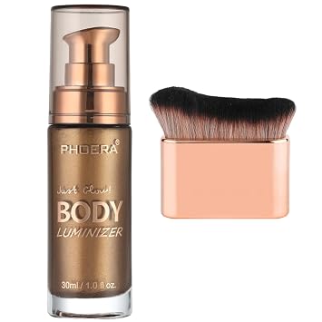 PHOERA - Aceite de brillo corporal, bronceador, iluminador corporal con maquillaje Bursh, loción autobronceadora, frascos de 1 onza (103 bronce brillante)