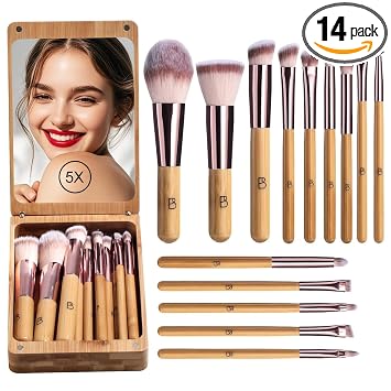 BS-MALL - Juego de 14 brochas de maquillaje de viaje, base, corrector/ojo, espejo LED (E-bambú)
