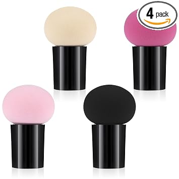 Sibba Juego de 4 esponjas de maquillaje con mini mango, aplicador corrector de mezcla de base, cobertura de polvo suelto, kit de soporte de cabeza de extremo plano, juego de cepillos cosméticos para