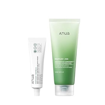 ANUA Smooth Skin Duo, Heartleaf Quercetinol - Espuma limpiadora profunda de poros y crema de manchas rojas para enrojecimiento y cuidado de poros, set calmante e hidratante, cuidado de la piel coreano