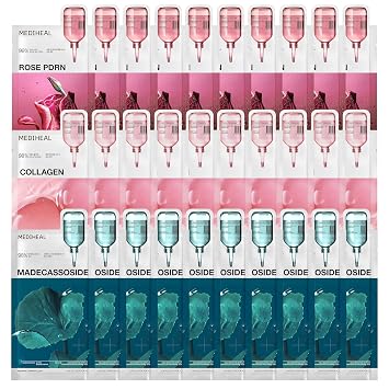 MEDIHEAL Mascarillas faciales esenciales, paquete de 30 unidades, PDRN brillo saludable y reafirmante de la piel y reparación de manchas de madecassoside, fórmula vegana máscaras coreanas para un