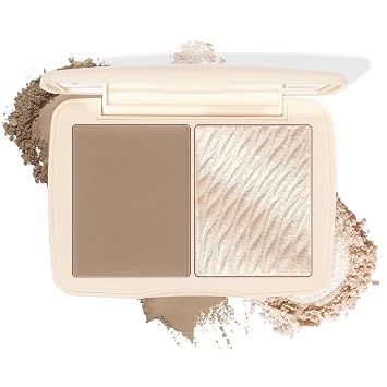 Paleta 2 en 1 de contorno e iluminador – Dúo de maquillaje facial mate y brillante, paleta de mejillas altamente pigmentada y mezclable, polvo de escultura de larga duración con espejo 01 gris pardo