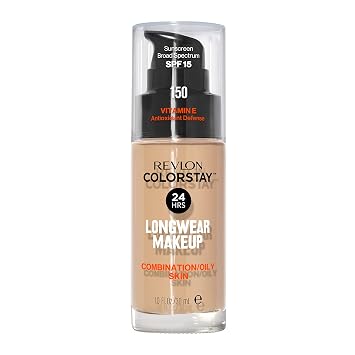 Base de maquillaje líquida Revlon, maquillaje facial ColorStay para piel mixta y grasa, SPF 15, cobertura media a completa con acabado mate, 150 Buff, 1 onza líquida