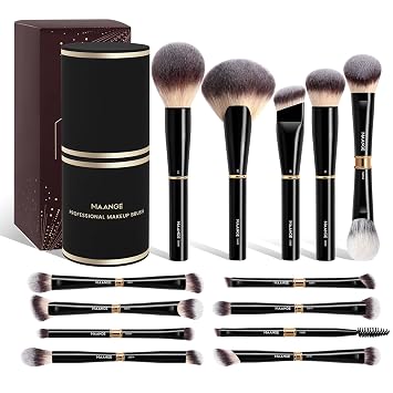 MAANGE Brochas de Maquillaje Profesionales para Cara y Ojos, 13 brochas de maquillaje con funda, kit de brochas de sombra de ojos con caja de regalo, color negro