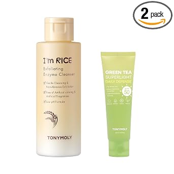 TONYMOLY Green Tea SPF 50 Sunscreen & I'm Rice Exfoliating Face Polish Cleanser Bundle, 1.7 fl oz & 1.76 oz