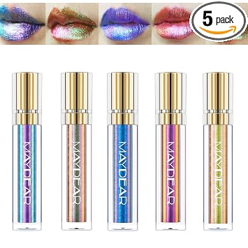 Maydear Set de lápiz labial camaleón de 5 colores, brillo de labios brillante con diamante de larga duración, impermeable, kit de maquillaje colorido para mujeres y niñas