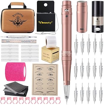 Kit de máquina de tatuaje de maquillaje permanente para cejas con batería inalámbrica de 700 mAh, 15 agujas de cartucho, suministro de microblading para suministros de microsombreado para
