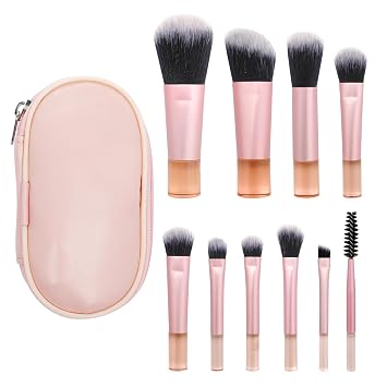 Juego de 10 brochas de maquillaje de viaje, kit de brochas de maquillaje portátiles de tamaño de viaje para base, sombra de ojos, rubor, contorno y corrector