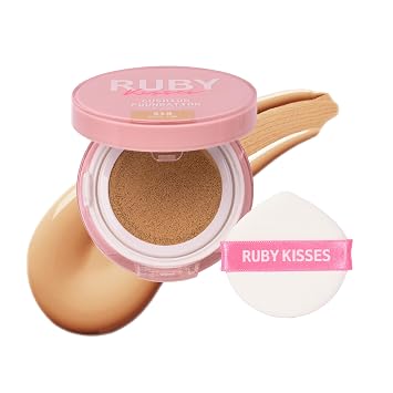 Ruby Kisses Base Cushion, maquillaje coreano de cobertura completa, ligera y duradera, acabado luminoso natural todo el día para todo tipo de piel con ácido hialurónico y bakuchiol (bronceado suave