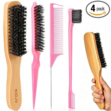 Juego de 4 cepillos de pelo de cerdas de jabalí con espalda lisa, cerdas suaves que doman las vueltas, brillo de encrespamiento, suave con cabello fino y cuero cabelludo, con peine de cola de rata y