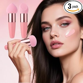 3 PCS Makeup Sponges, Beauty Blender Sponge for Foundation, Cosmetic Powder Puff and Concealer Applicator with Handle, Makeup Brush for Blending Wet and Dry