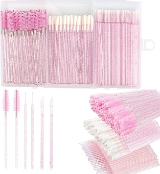 Juego de 200 varitas de rímel desechables, aplicador de labios, 50 cepillos de pestañas, 50 varitas de lápiz labial, 100 micro cepillos con caja para kits de maquillaje de extensión de cejas, color rosa