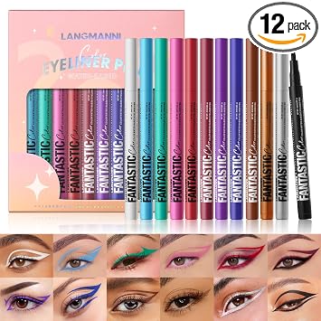 LANGMANNI Juego de delineador líquido mate de 12 colores, pigmentado de colores neón con delineador de ojos de larga duración, a prueba de manchas y resistente al agua, maquillaje para looks atrevidos