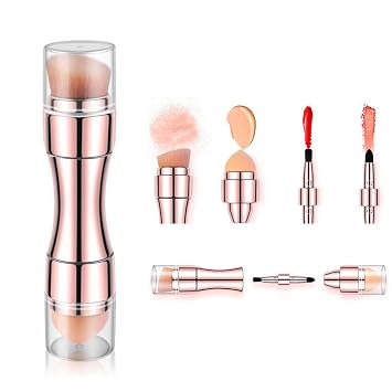 Juego de pinceles de maquillaje 4 en 1, pincel para sombra de ojos, labios, cara, corrector, colorete y base de maquillaje todo en uno, retráctil, tamaño de viaje (pincel dorado rosa)