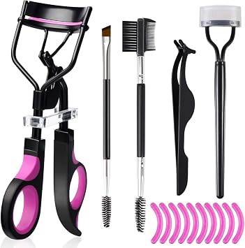 Rizadores de pestañas Kit de cepillo para cejas para mujeres con rizador de pestañas, peine separador de pestañas, cepillos de rímel, pinzas de extensión de pestañas, cepillo de cejas angular y peine