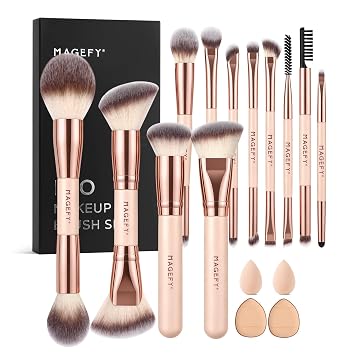 MAGEFY Juego de 16 brochas de maquillaje profesional de doble extremo para correctores de polvo, sombras de ojos, rubor con caja de regalo, color beige