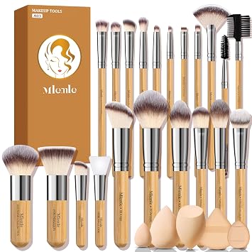 Mlemle - Juego de brochas de maquillaje profesional de 26 piezas, incluye correctores en polvo, base, rubor, sombras de ojos, 21 brochas de maquillaje de bambú y 3 esponjas de maquillaje, 2 soplos de polvo (A03)