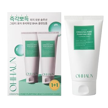 OHHAUN GREENTEA PORE PURIFYING BHA - Espuma limpiadora (3.4 onzas líquidas), con polvo de cáscara de nogal real para una exfoliación suave y cuidado de los puntos negros, cuidado de la piel coreano