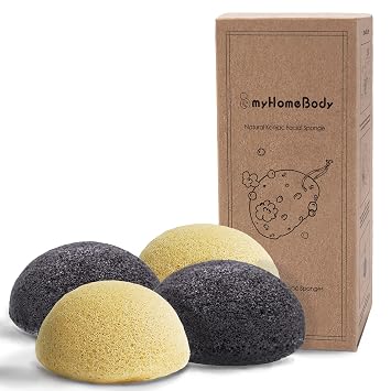 myHomeBody Natural Konjac Facial Sponges, Turmeric Yellow & Charcoal Grey