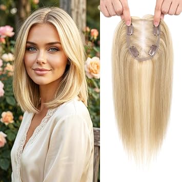 Hair Toppers for Women Real Human Hair Warm Blonde 14 Inch Hair Toppers 360° Cover Middle Part Hair Topper for Women 4x4.8 Inch Upgrade Basement(Lt Brown & Lt Natural Blonde Blend)