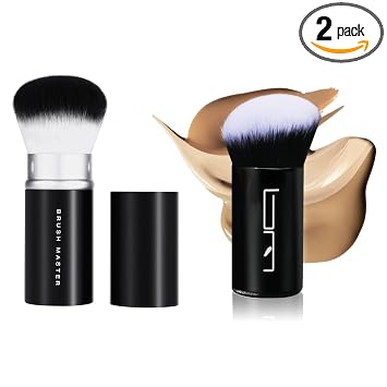 Juego de 2 brochas de maquillaje retráctiles Kabuki, cepillo portátil de viaje con cubierta protectora para polvo, rubor, bronceador, corrector y maquillaje mineral, color negro