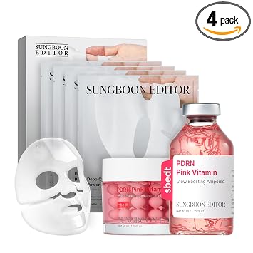 SUNGBOON EDITOR Pink Glow Trio - Juego de ampolla PDRN + crema de cápsula PDRN + máscara de refuerzo de 4 unidades, juego de regalo coreano para el cuidado de la piel para mujeres