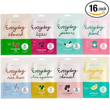 FACETORY K Beauty - Mascarilla facial para el cuidado de la piel, colección diaria, juego de 8 mascarillas (16 piezas) | Mascarilla coreana natural premium para todo tipo de piel, sin sulfatos sin