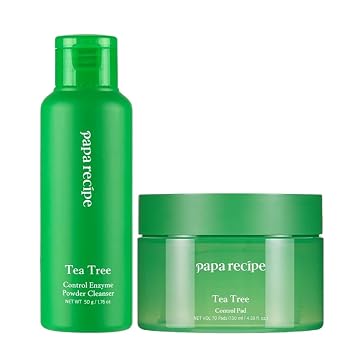 Papa Recipe Tea Tree Exfoliating Duo - Limpiador en polvo enzimático y almohadillas tónicas calmantes - Exfoliación suave + hidratación calmante para una piel más clara y equilibrada - Set coreano