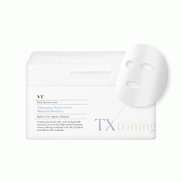 VT COSMETICS TX Mascarilla Tonificante Diaria 30 Hojas, Ácido Tranexámico, Niacinamida, Glutatión para Cicatrices de Acné, Manchas Oscuras, Manchas Solares, Mascarilla Facial Hidratante y Luminosa