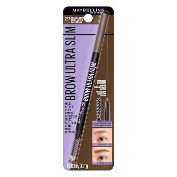 Maybelline Express Brow Maquillaje de cejas ultra delgado, lápiz de cejas con punta de precisión y carrete para cejas definidas, marrón medio, 1 unidad (el embalaje puede variar)