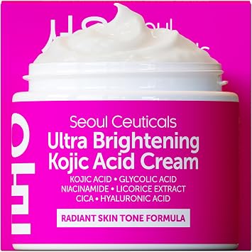 SeoulCeuticals Crema de ácido kójico coreano removedor de manchas oscuras + ácido glicólico + niacinamida + cica + hidratante HA - Cuidado de la piel K Beauty libre de crueldad 2oz