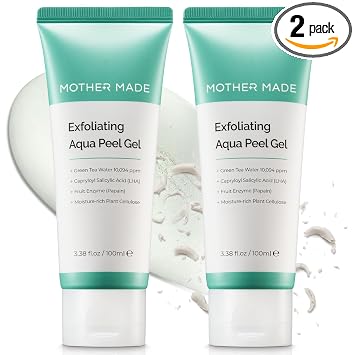 MOTHER MADE LHA Gel exfoliante de té verde, cuidado de poros, exfoliante facial suave, removedor de piel muerta, celulosa natural para pelar, vegano, cuidado de la piel coreano, paquete de 2 (3.38