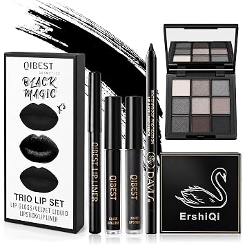 Paleta de sombras de ojos color negro líquido lápiz labial delineador de ojos con mini cepillo, sombra de ojos ahumada, brillo de labios negro, a prueba de manchas de larga duración, adecuado para