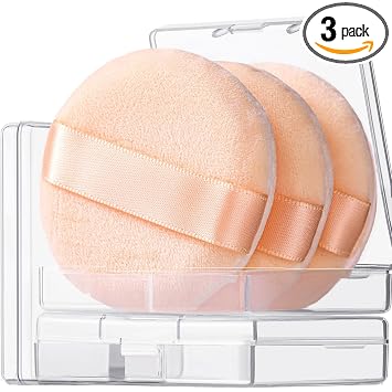 Teenitor 3 bolsas de polvo de 2.36 pulgadas, suaves para polvo facial, pequeña esponja de maquillaje para polvo suelto prensado y fijador con 3 estuches, color piel