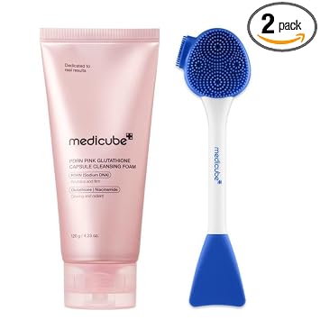 medicube PDRN Deep Cleanse Duo: Limpiador de espuma de cápsula de glutatión rosa y cepillo multiporo | Cuidado de poros, exfoliación suave y rutina de limpieza profunda | Set coreano para el cuidado
