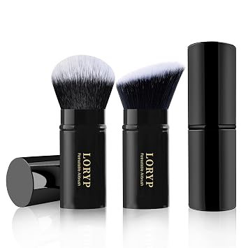 LORYP Juego de brochas de maquillaje retráctiles Kabuki negras para base, brocha para maquillaje líquido, crema y polvo, juego de 2 brochas de maquillaje para viajes