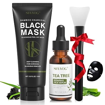 SHVYOG - Máscara facial 3 en 1 con cepillo y suero de aceite de árbol de té, máscara facial de carbón para limpieza profunda de puntos negros, suciedad, poros, aceite para la piel (3.5 onzas + 1.06 fl oz)