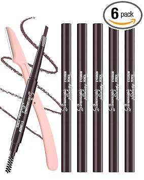 Lápices de cejas impermeables para mujer, 6 lápices de cejas de doble punta marrón oscuro con kit de afeitar, diseño de punta triangular que hace que sea más fácil de definir y rellenar las