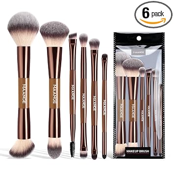 MAANGE Juego de 6 brochas de maquillaje de viaje de doble punta para base, corrector de polvo, rubor, mezcla, brochas de sombra de ojos, café