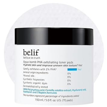 belif PHA - Almohadillas de tóner 2% – Esmalte facial exfoliante suave para el cuidado de los poros, hidratante y calmante con pantenol y cica, ideal para pieles sensibles, cuidado de la piel coreano (70 unidades) (70 almohadillas, nueva fórmula)