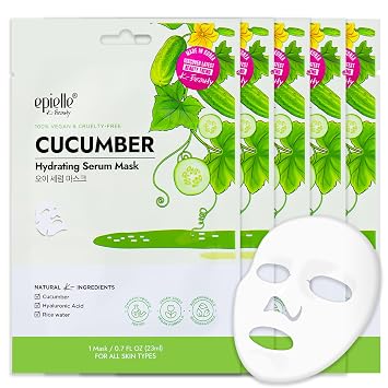 Epielle Mascarillas de suero hidratante de pepino (5 unidades) | Cuidado de la piel coreano | Mascarilla facial | Kbeauty, regalos de spa para mujeres