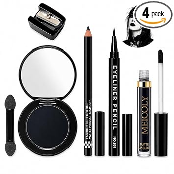 MEICOLY Kit de maquillaje negro gótico, sombra de ojos negra ahumada, lápiz labial líquido, delineador de labios y delineador para maquillaje gótico grunge, juego de maquillaje SFX de Halloween para