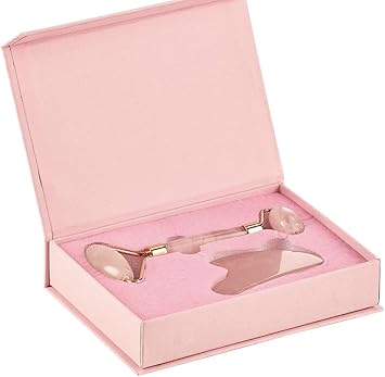 Rodillo de jade para cara – Rodillo facial de cuarzo rosa y juego de Gua Sha para el cuidado de la piel, bolsas debajo de los ojos, ojos hinchados y masajeador facial